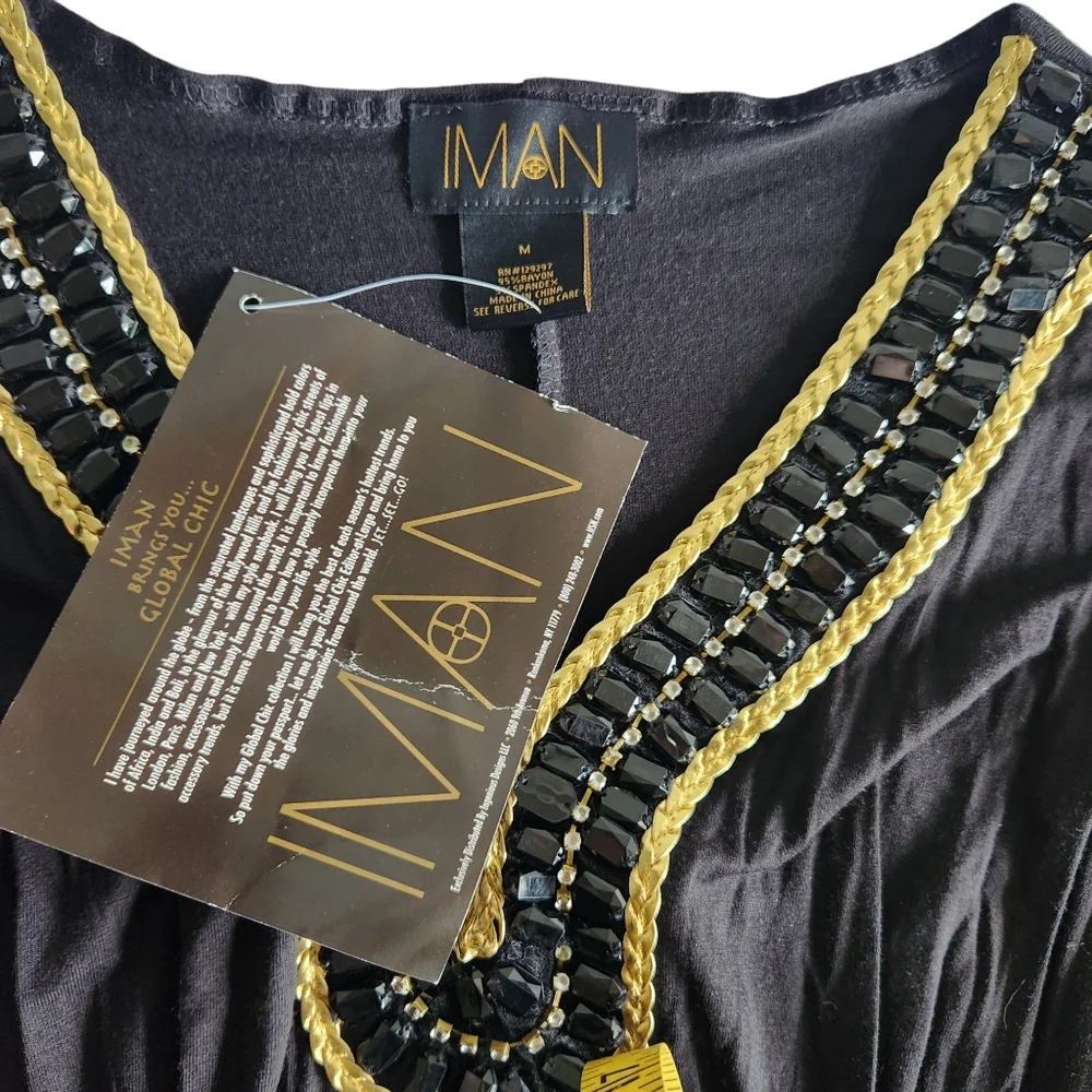 IMAN Beaded Neckline Maxi Dress Black Open Sleeve Size Med Tall NEW